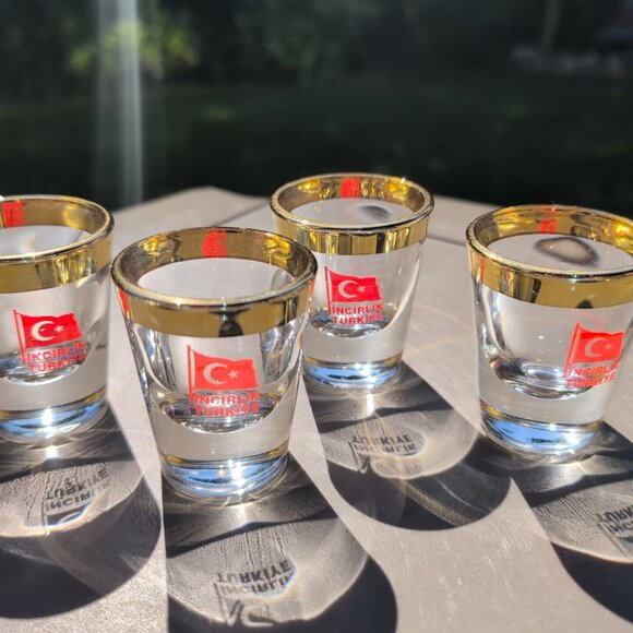 Vintage Turkish Shot Glasses Gold Rimmed Set Of 4 - Picture 1 of 3